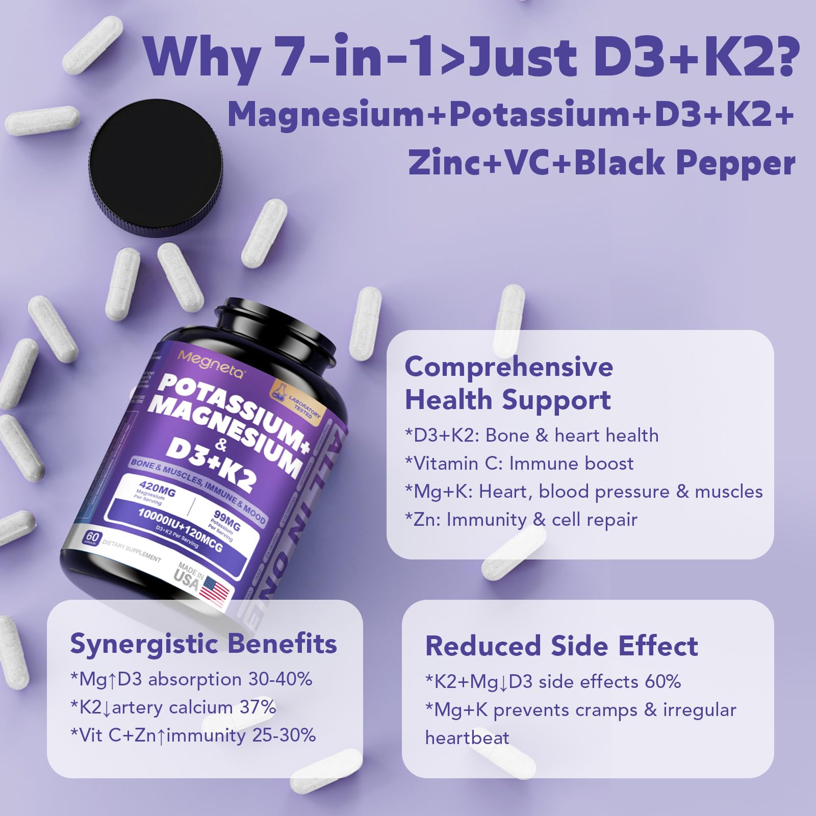 Étiquette Megneta D3 K2 MK7 avec conseils d’utilisation.