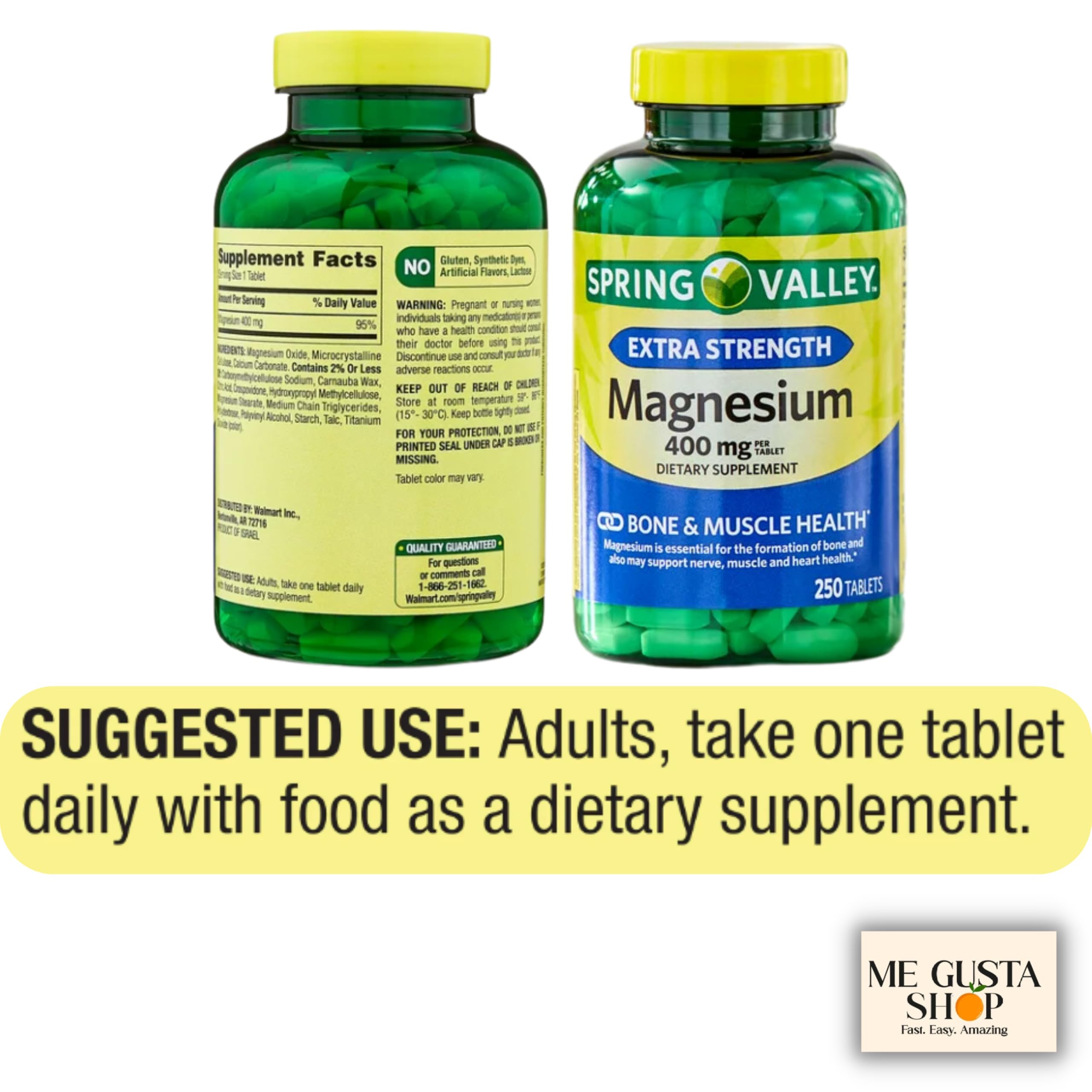 ME GUSTA SHOP Spring Valley Magnésium 400 mg – pilulier inclus