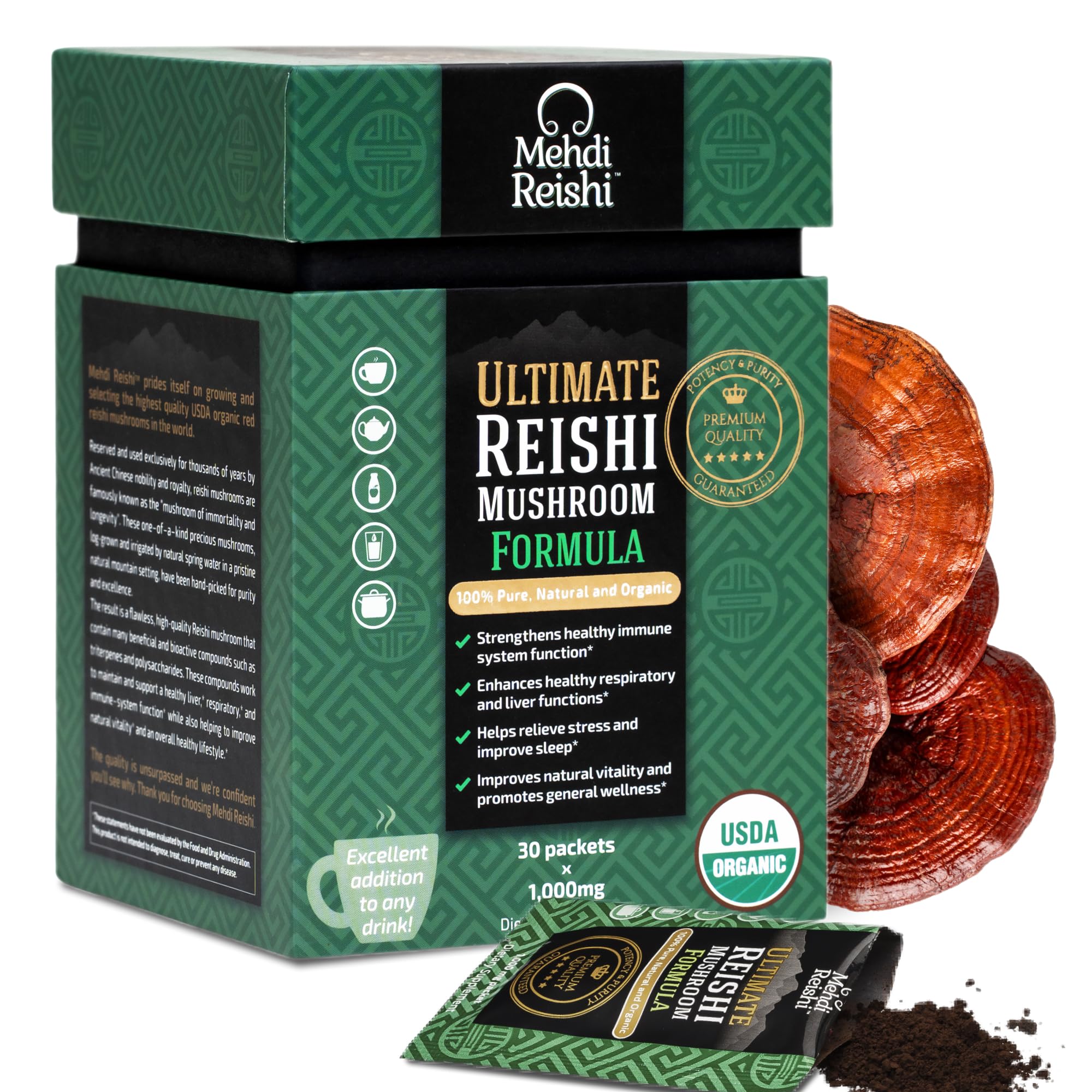 Mehdi Reishi bouteille-poudre: dose pratique pour une routine quotidienne et pure.