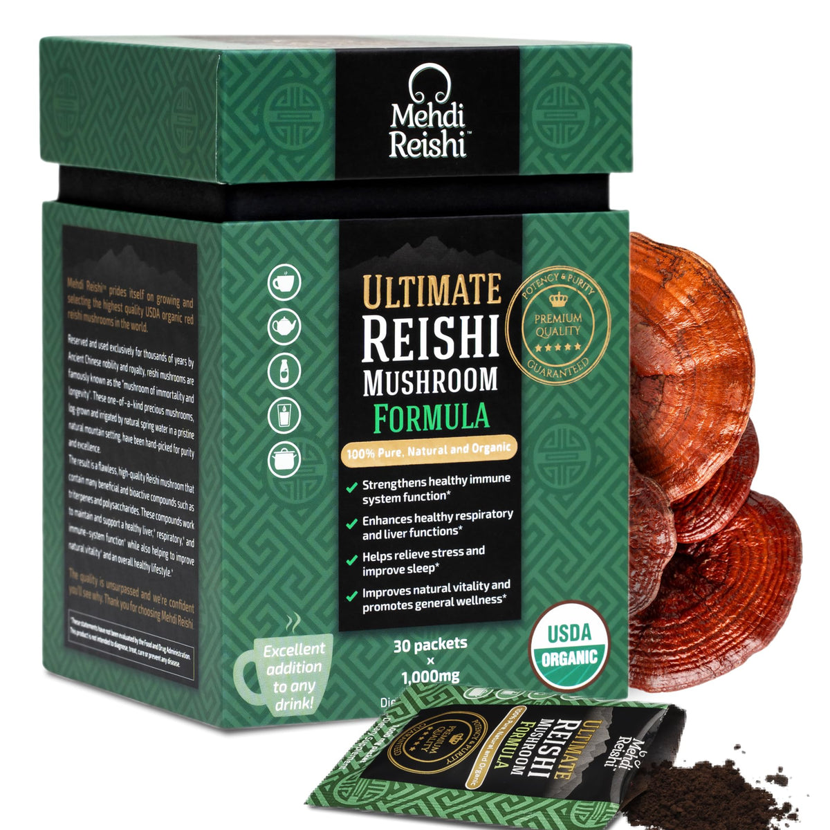 Mehdi Reishi bouteille-poudre: dose pratique pour une routine quotidienne et pure.