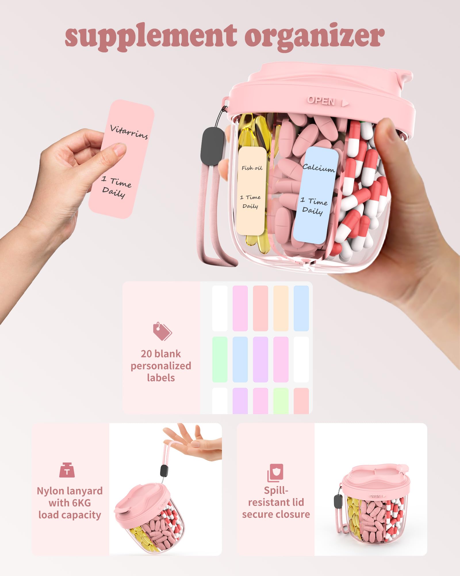 MEI NIAN Matériaux sans BPA rose, sécurité lors du rangement des pilules.