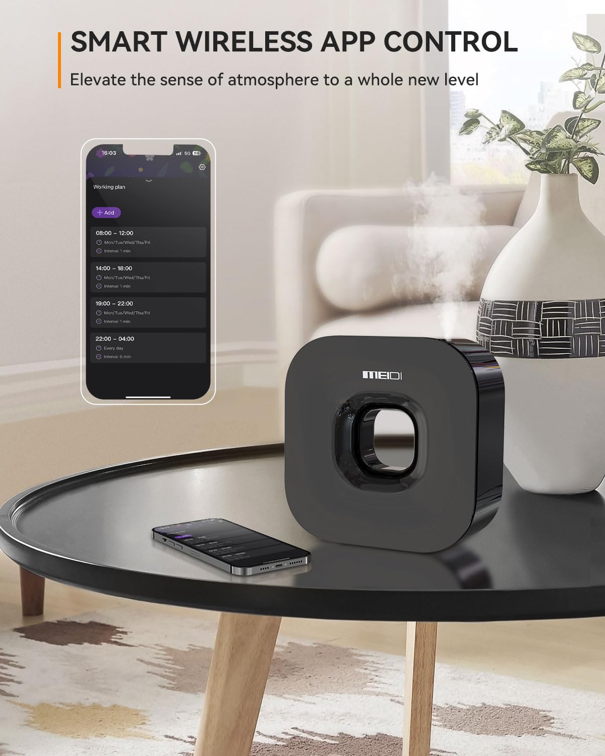 Diffuseur MEIDI au design mixte cercle et carré noir, élégant dans tout espace.
