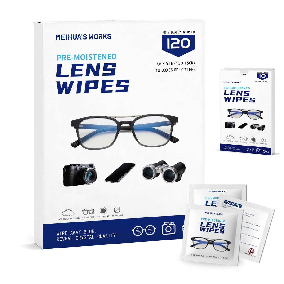 MEIHUA'S WORKS - boite lingettes lunettes 120: nettoyage pratique et prêt à l'emploi.