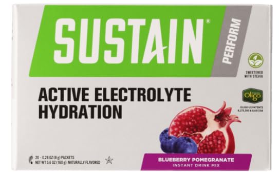 Melaleuca Sustain Active Hydration, sachets bleuets et grenade, réhydratation pratique pendant l’effort.