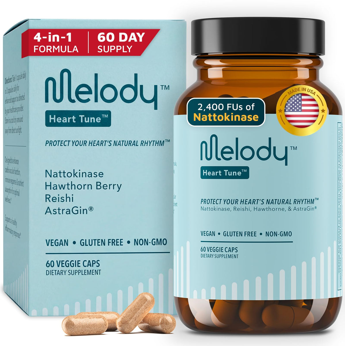 Melody Coeur Equilibre bouteille: étiquette et format 60 capsules véganes.