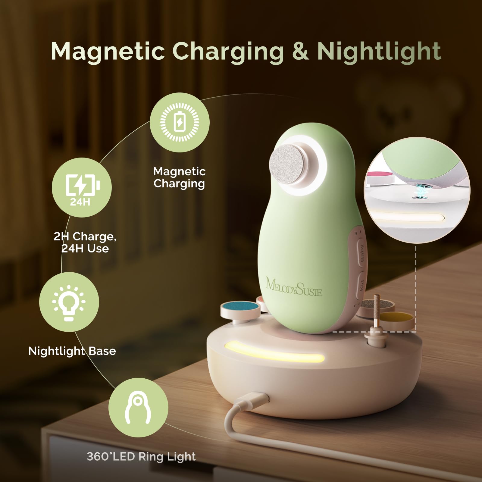 MelodySusie charge magnetique, autonomie longue pour soins d'ongles bébé.