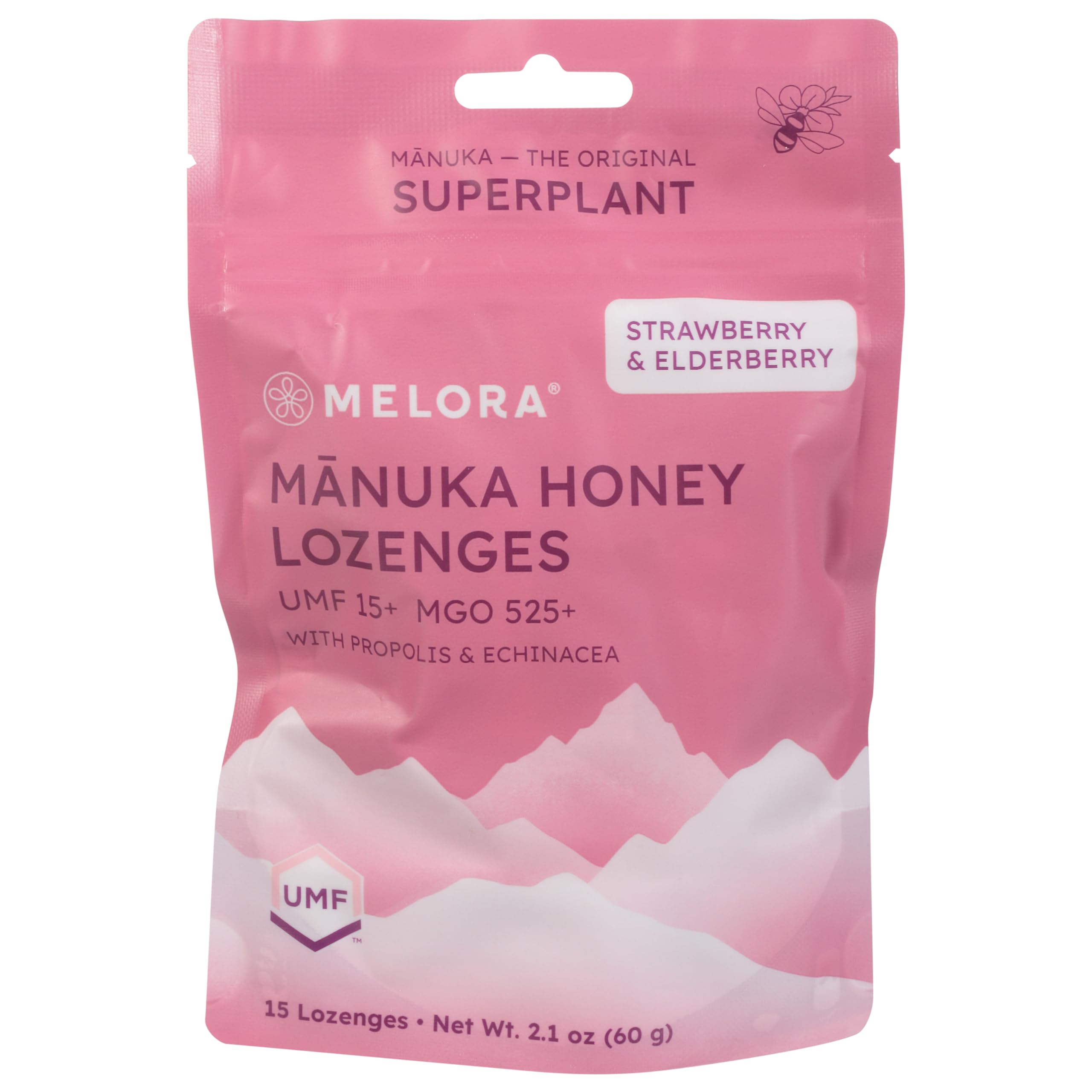 Pastilles Melora Manuka miel fraise et sureau, soulagement gorge et soutien immunitaire