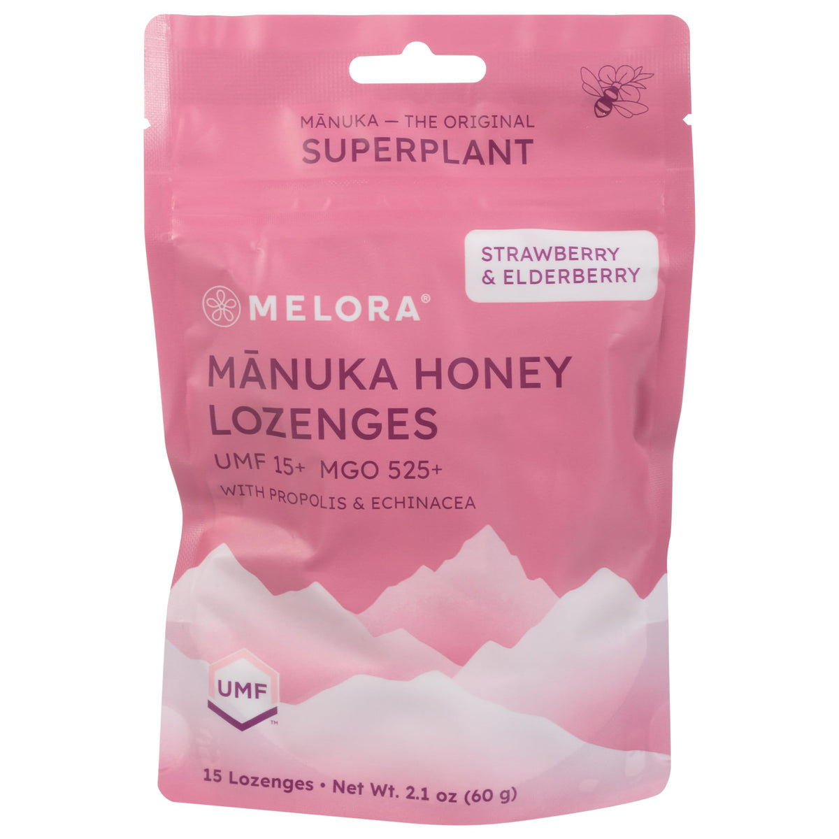 Pastilles Melora Manuka miel fraise et sureau, soulagement gorge et soutien immunitaire