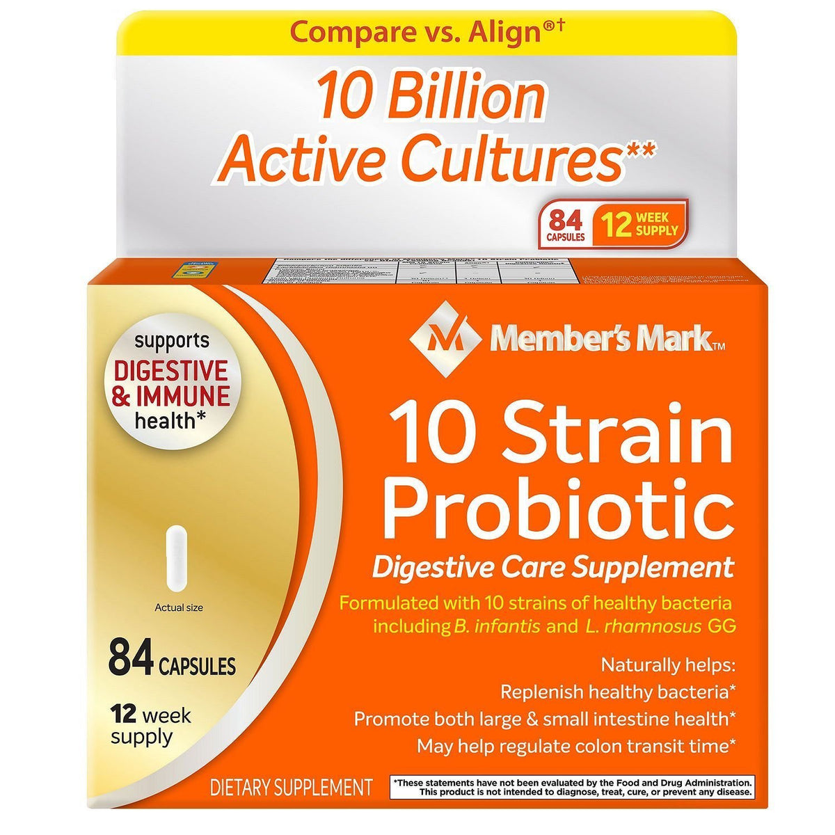 Gélules probiotiques 5x de Member's Mark dans un flacon, soutien digestif potentiel.