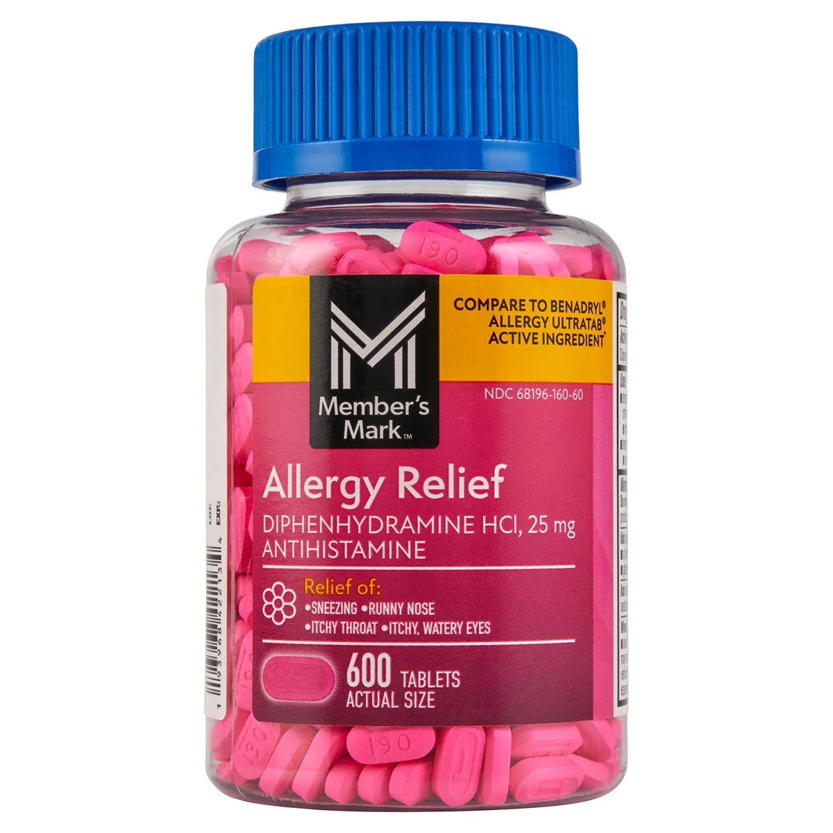 Member's Mark comprimés Diphenhydramine 25 mg, boîte visible, soulagement potentiel des allergies.