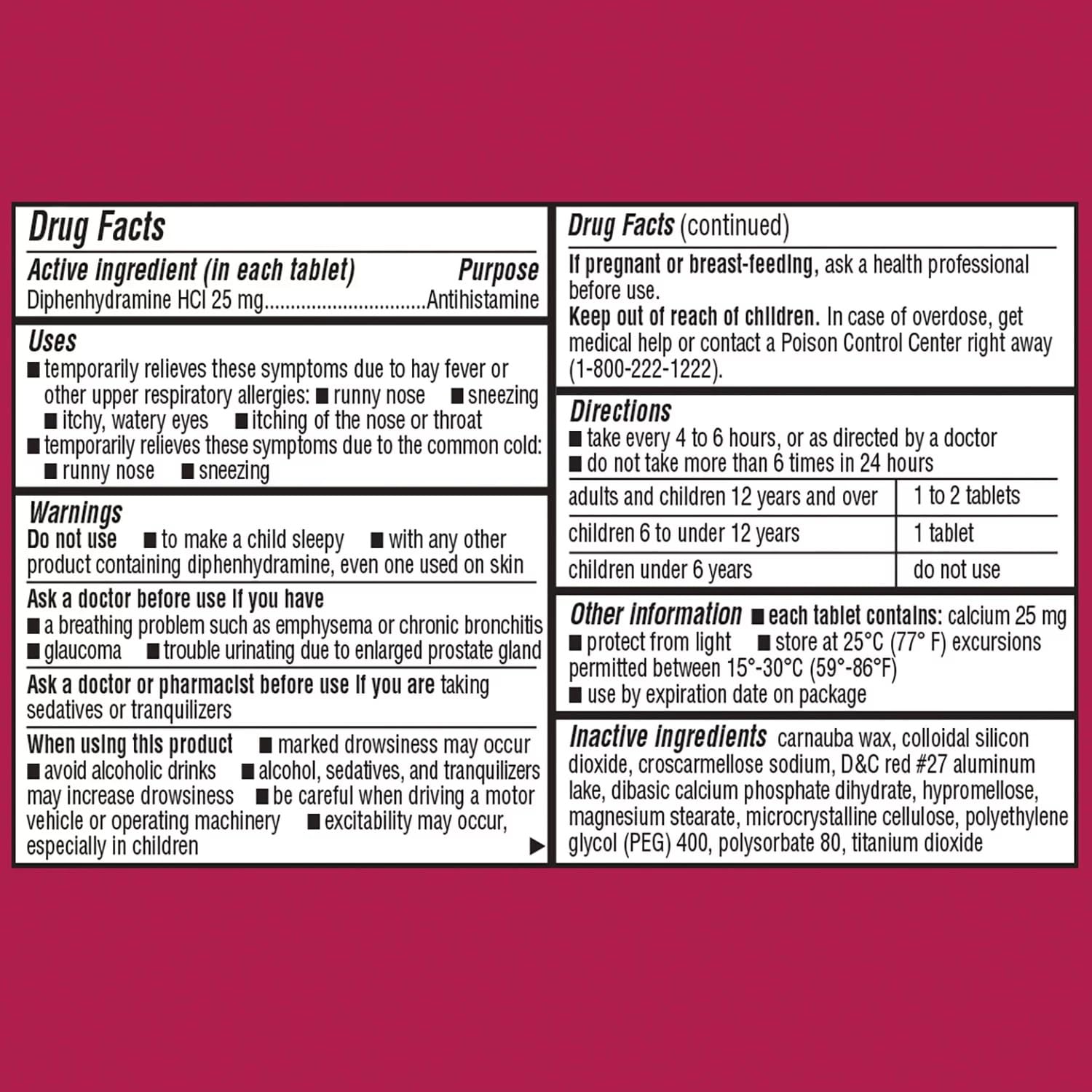 Tablettes Diphenhydramine 25 mg Member's Mark, texture simple et dosage pratique.