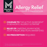 Member's Mark comprimés diphenhydramine 25 mg, prise quotidienne pratique pour les symptômes allergiques.