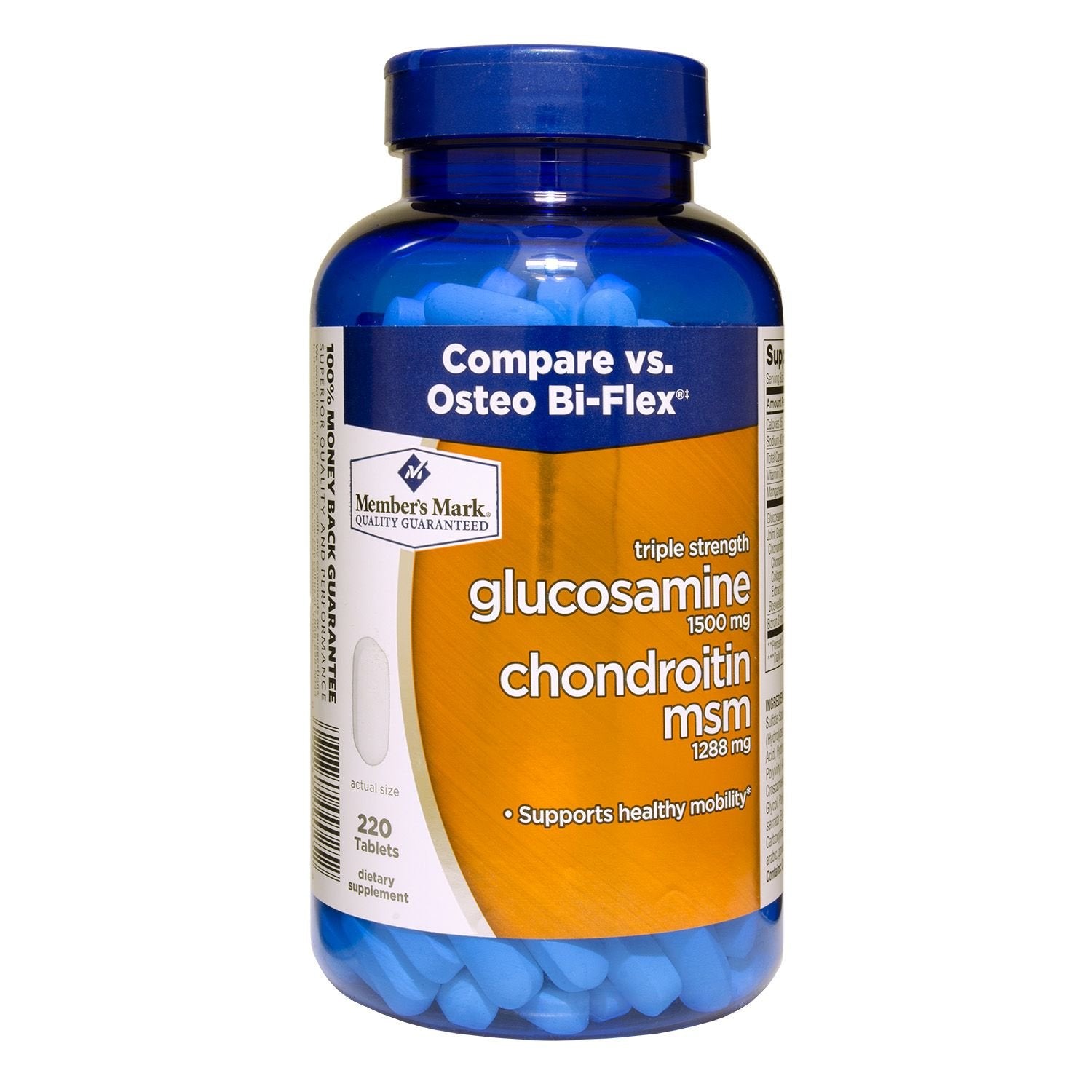 Member's Mark glucosamine-chondroïtine-msm: bouteille et comprimés, soutien potentiel des articulations.