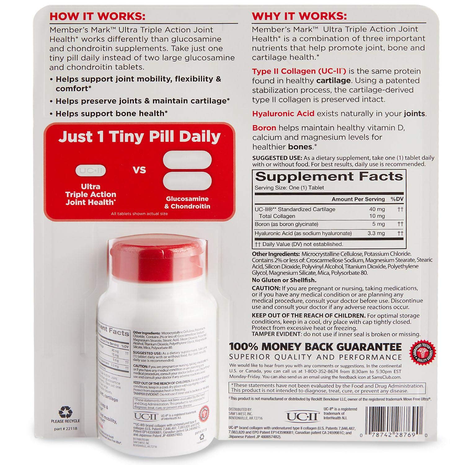 Member's Mark Ultra Triple Action Joint Health – notice et étiquette claires sur l'emballage