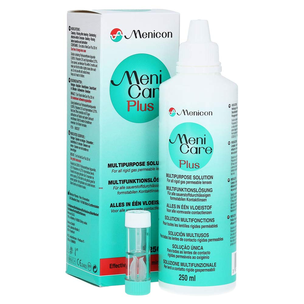 Menicare MeniCare Plus, flacon verseur, solution polyvalente pour nettoyer et rincer les lentilles rigides.