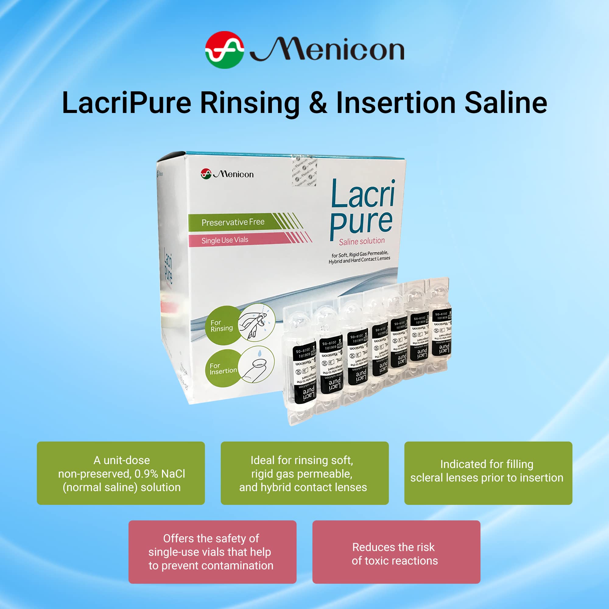 Menicon LacriPure: boîte avec 98 flacons de 5 ml pour voyager.