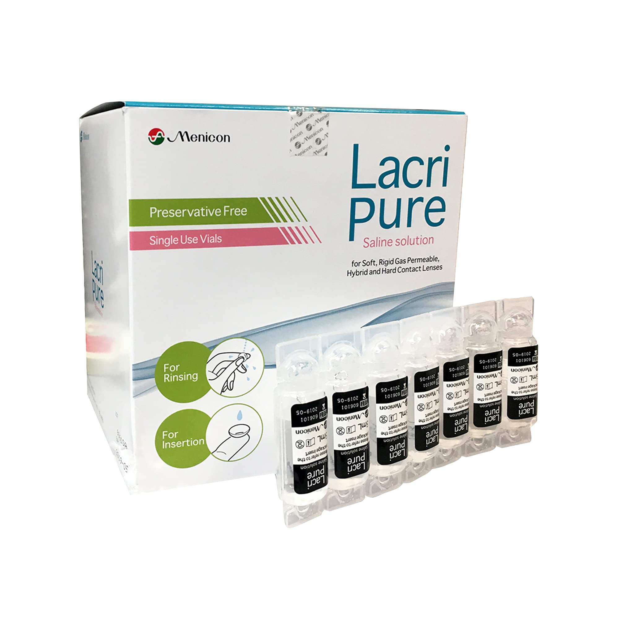 Menicon LacriPure: bouteille de solution saline pour rinçage des lentilles, douceur et confort.