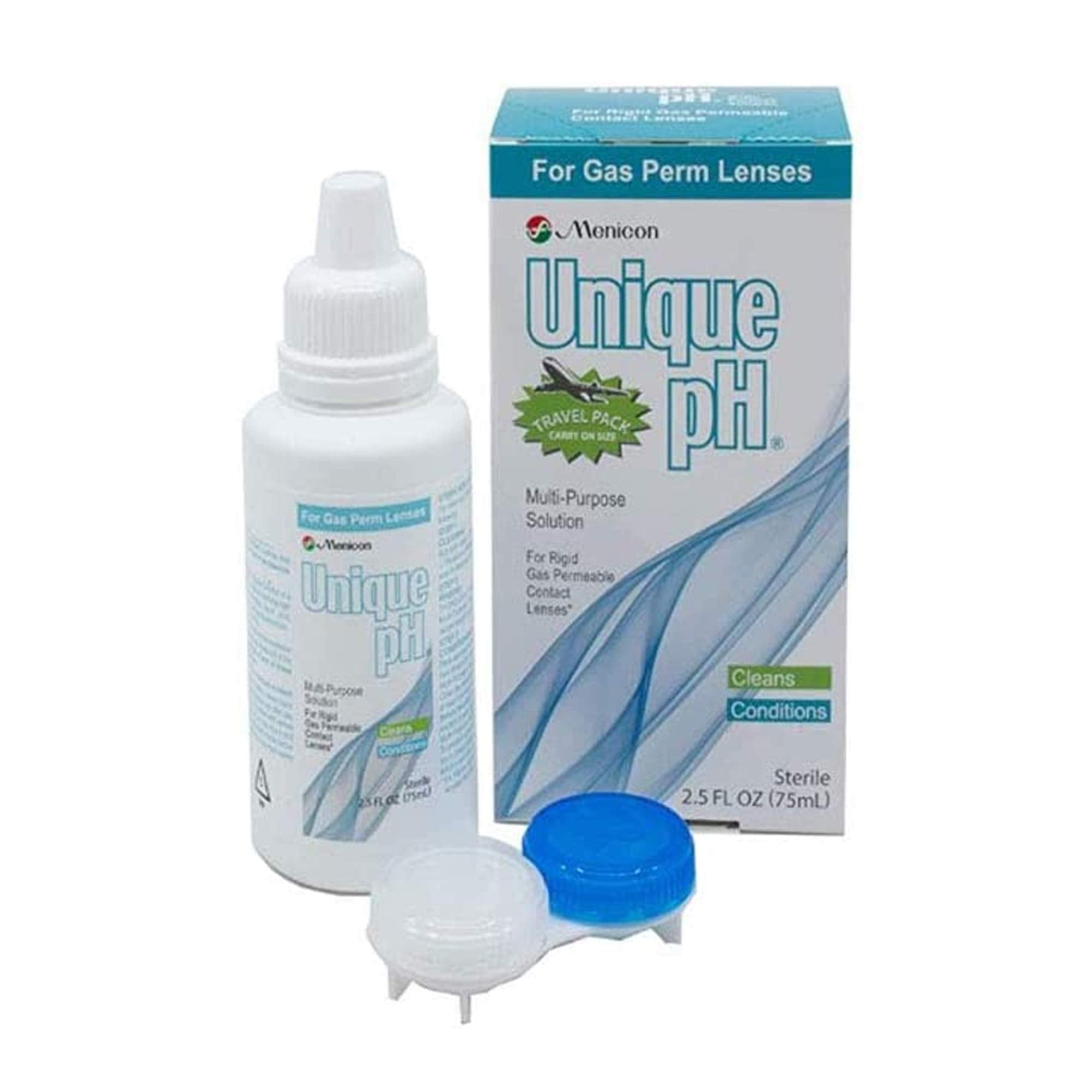 Menicon Unique pH format voyage, flacon compact prêt pour l'entretien en voyage.