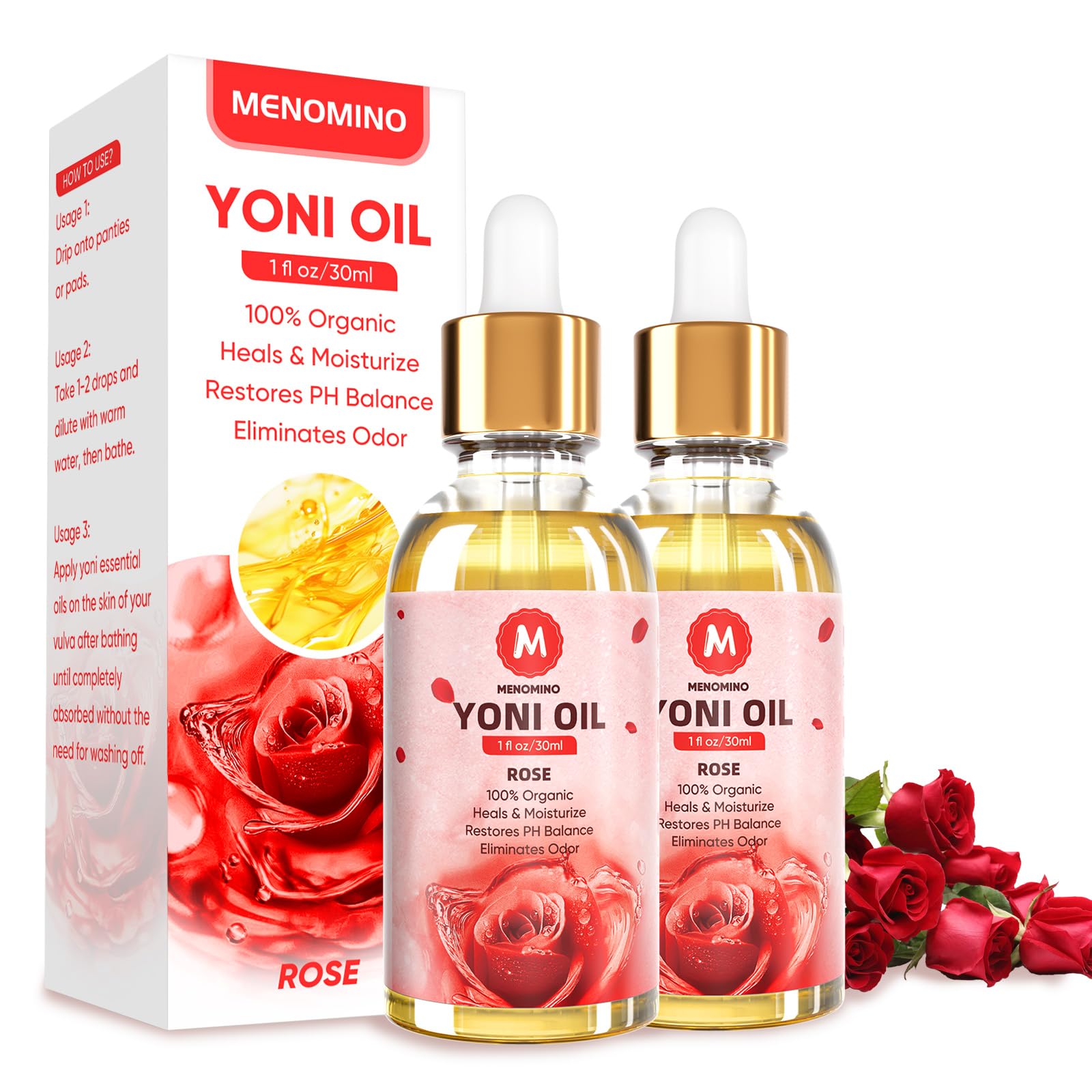 Huile Yoni MENOMINO Rose dans une bouteille compacte, hydratation douce pour la zone intime.