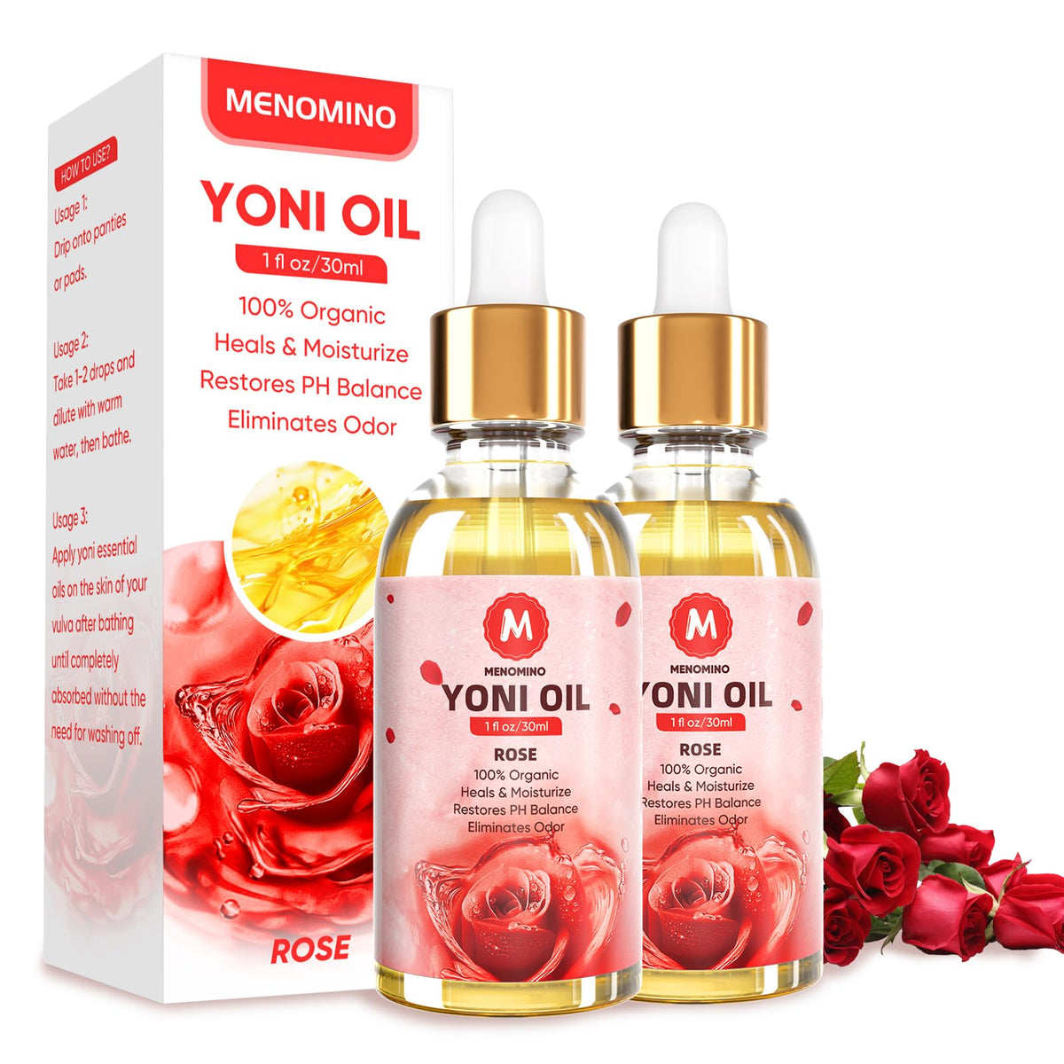 Huile Yoni MENOMINO Rose dans une bouteille compacte, hydratation douce pour la zone intime.