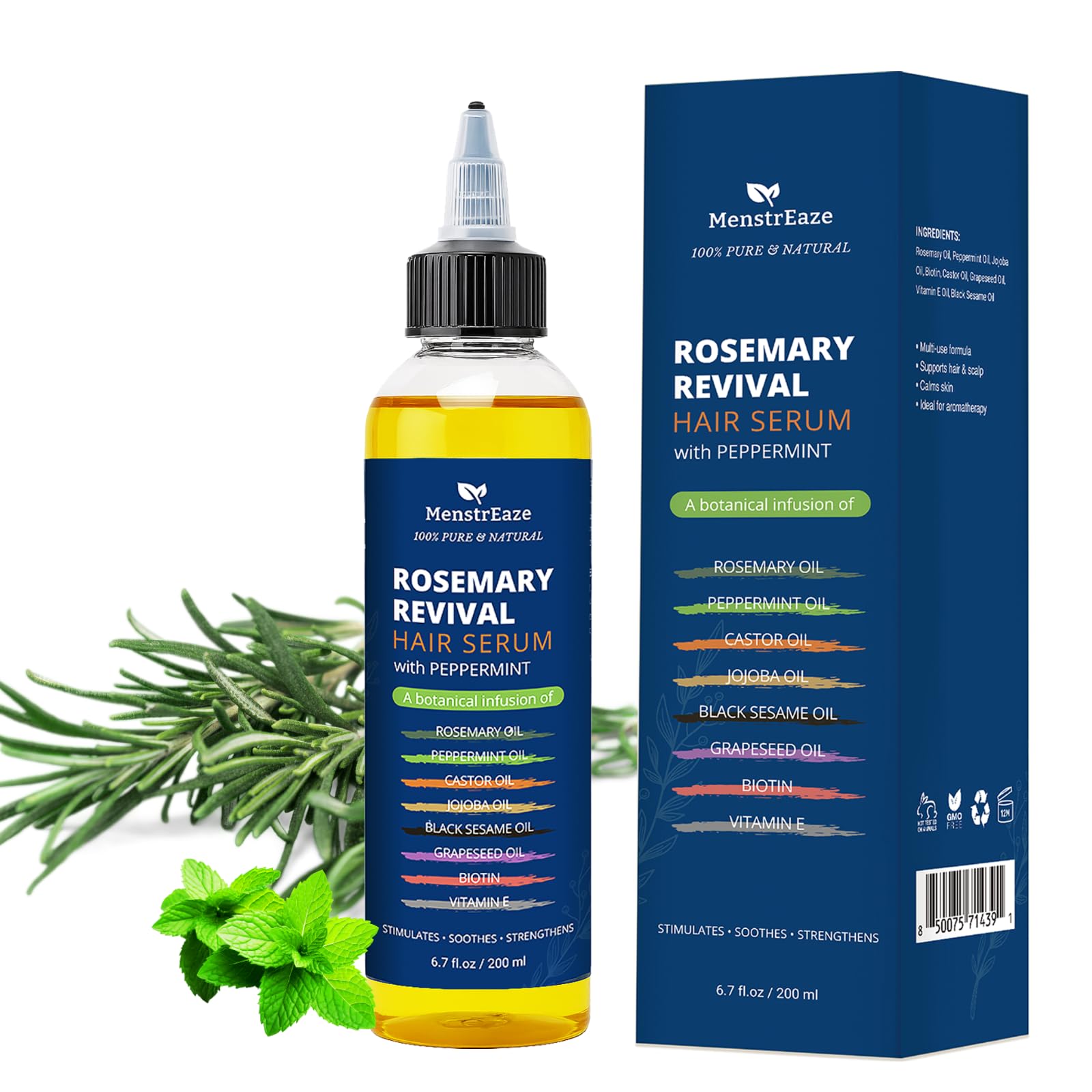 MenstrEaze – huile romarin-menthe pour croissance capillaire et cuir chevelu rafraîchi.