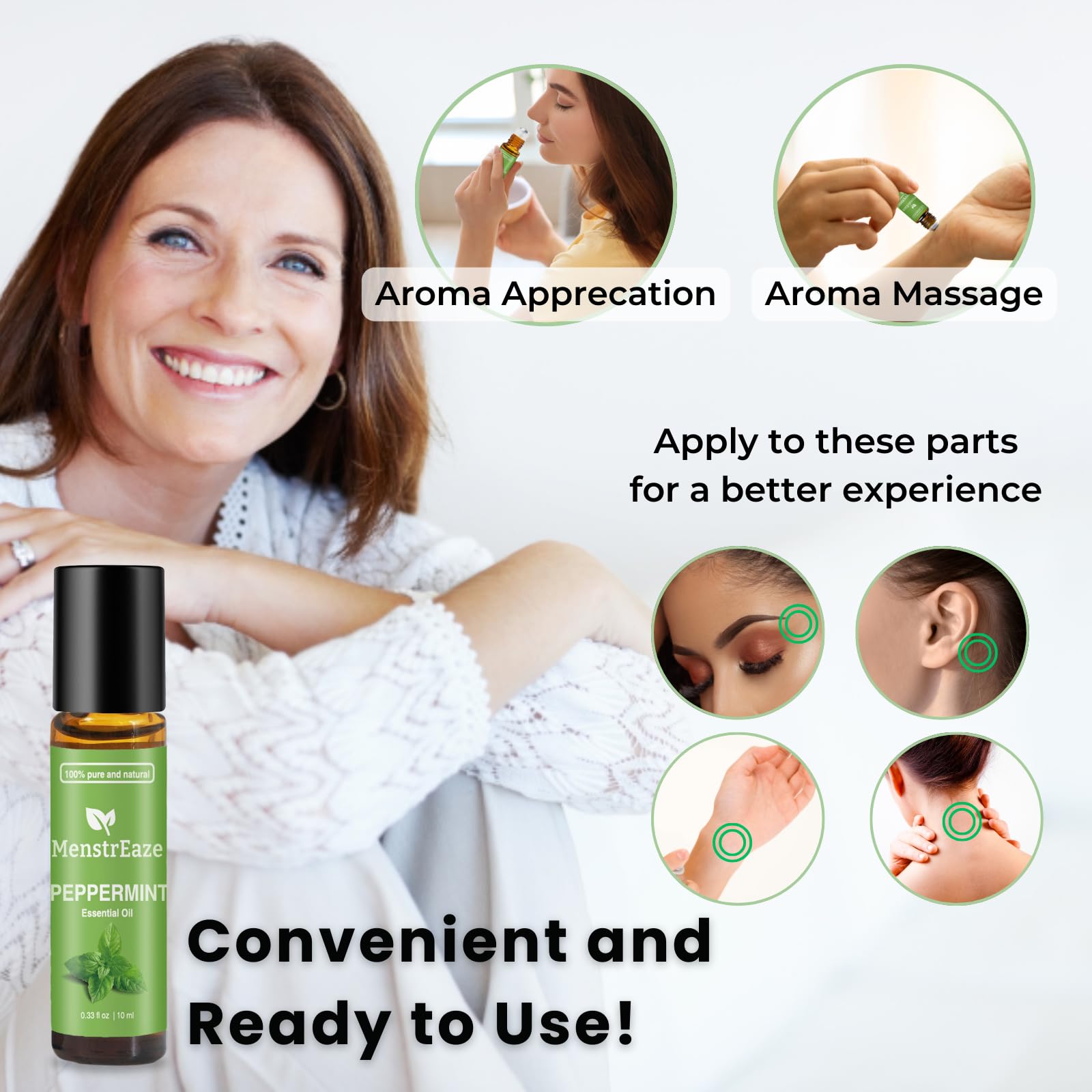 Design compact du roll-on MenstrEaze, pratique en déplacement.