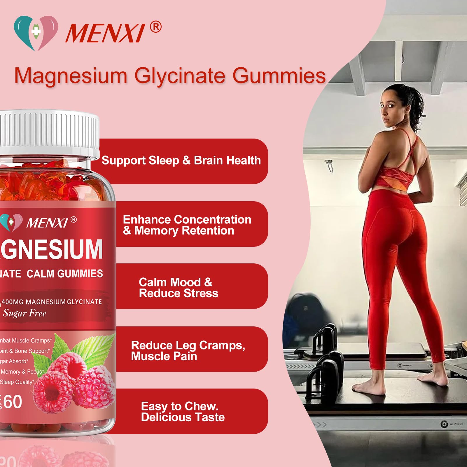 Gommes MENXI Magnésium: saveur framboise agréable et facile à mâcher.