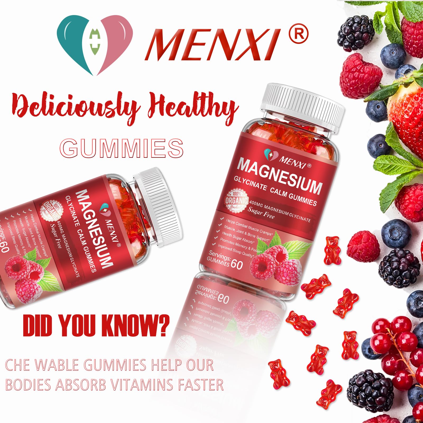 Gommes MENXI Magnésium: vitamine D3 et B6 pour absorption et métabolisme.