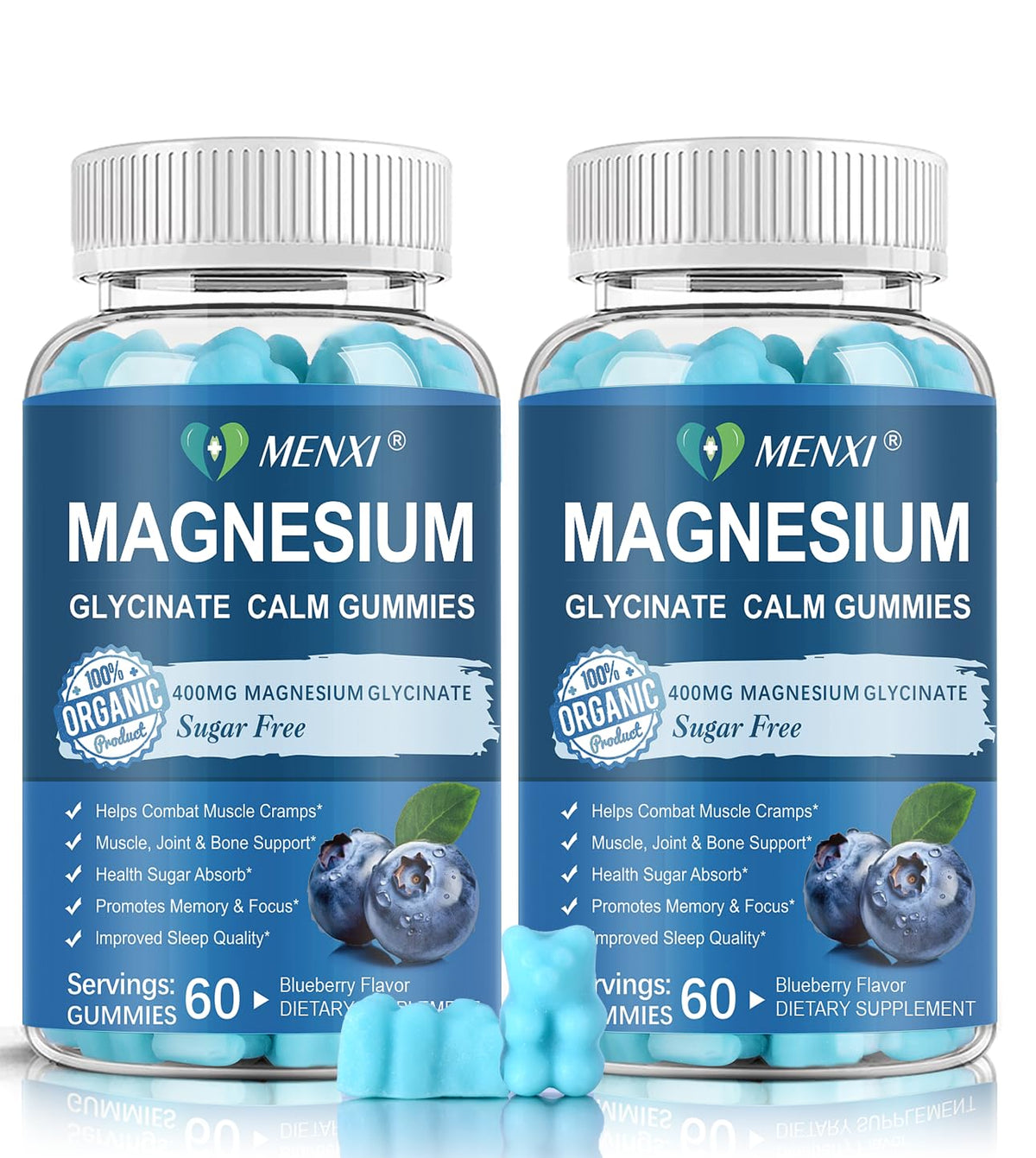 Gommes MENXI Magnésie en bouteille bleue, soutien potentiel au calme et muscles.