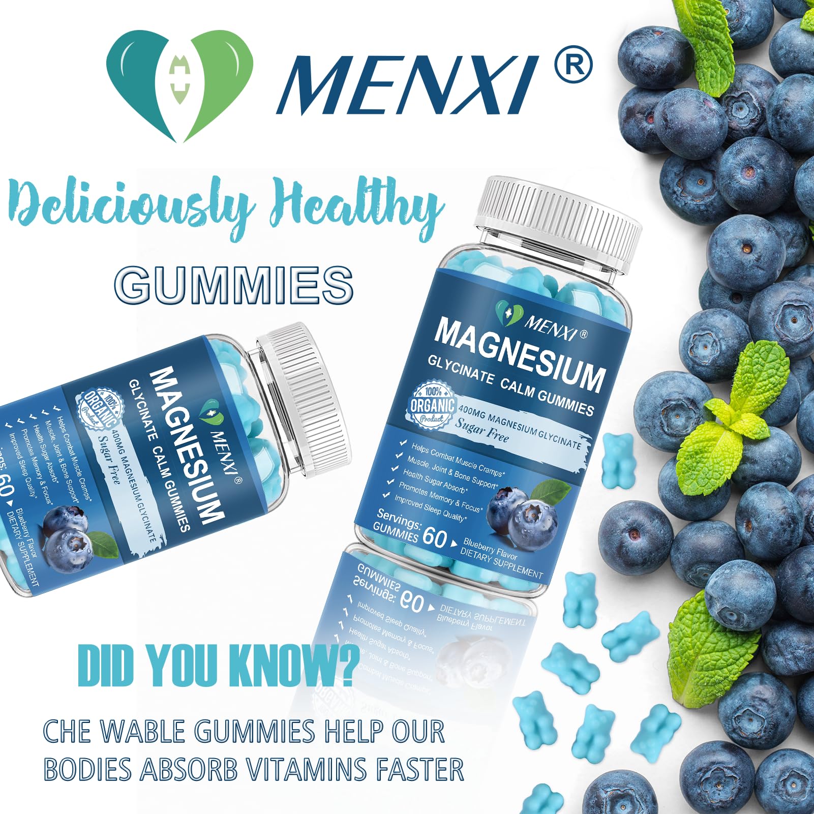 Goût myrtille MENXI Magnésie, goût agréable et consommation pratique.