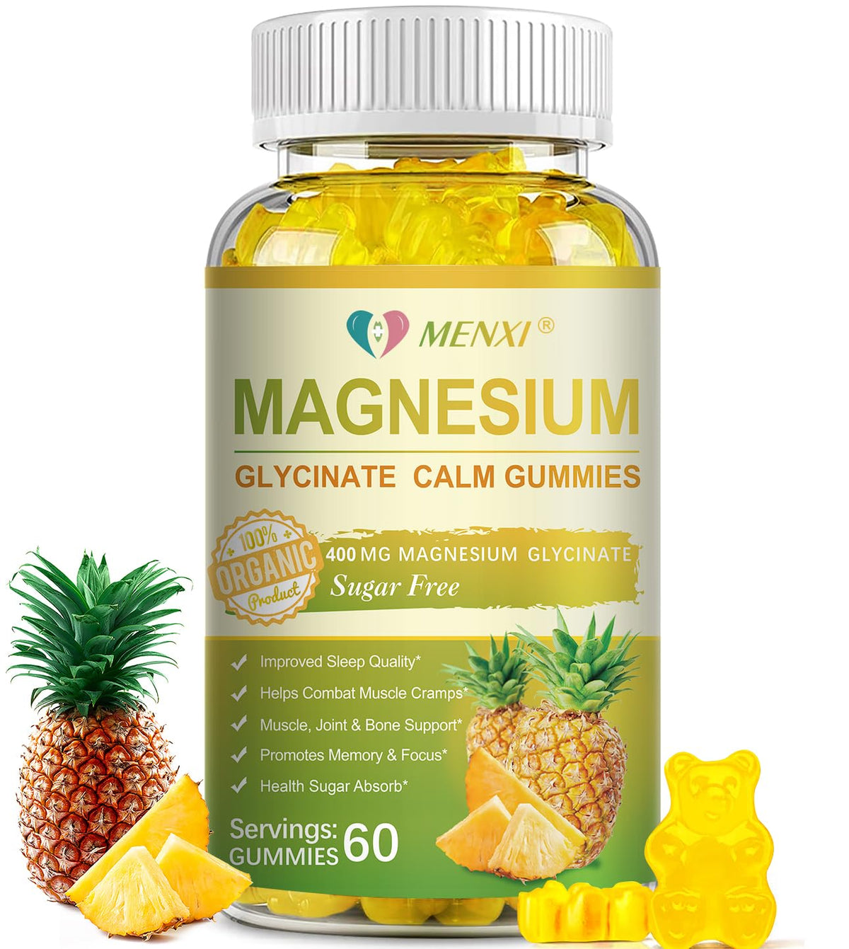 Gommes MENXI magnésium glycinate ananas – bouteille présentée et soutien relaxation potentiel.
