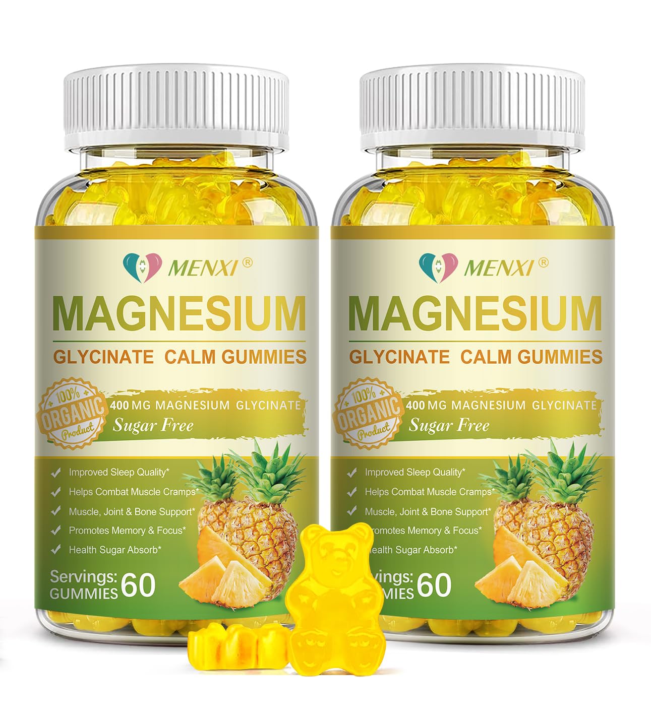 MENXI Magnésium Glycinate Gommes – bouteille ananas, détente naturelle.