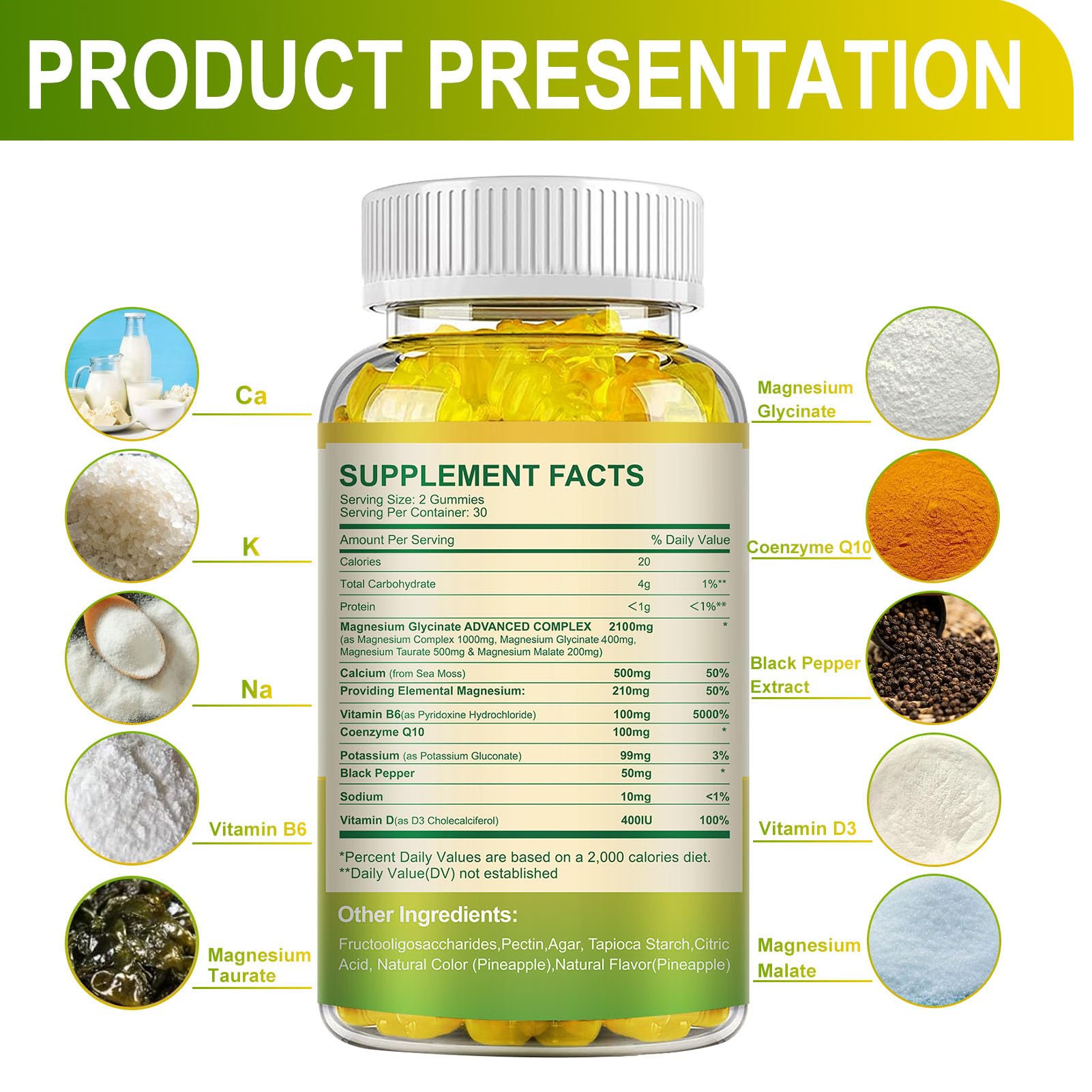 MENXI Magnésium Glycinate Gommes – étiquette ingrédients végan et sans sucre.