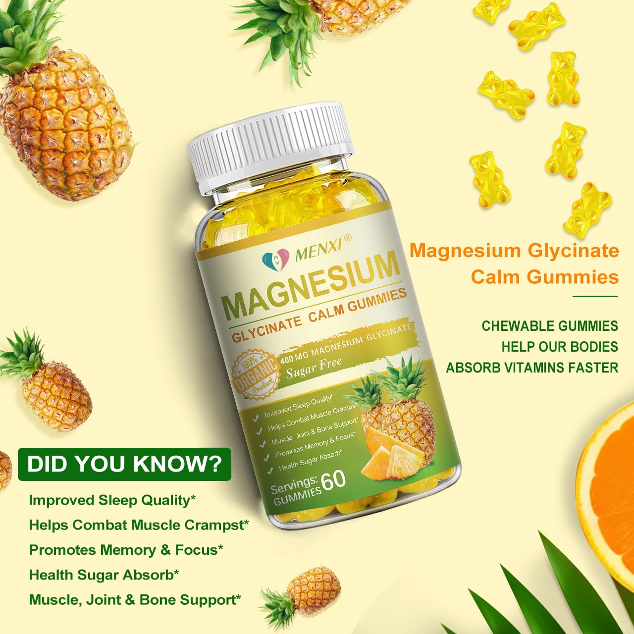 MENXI Magnésium Glycinate Gommes – formule végan sans gluten et sans allergènes.