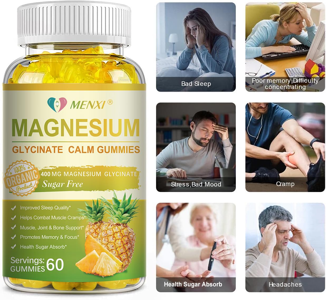 MENXI Magnésium Glycinate Gommes – formulation avec vitamine D3 et CoQ10.