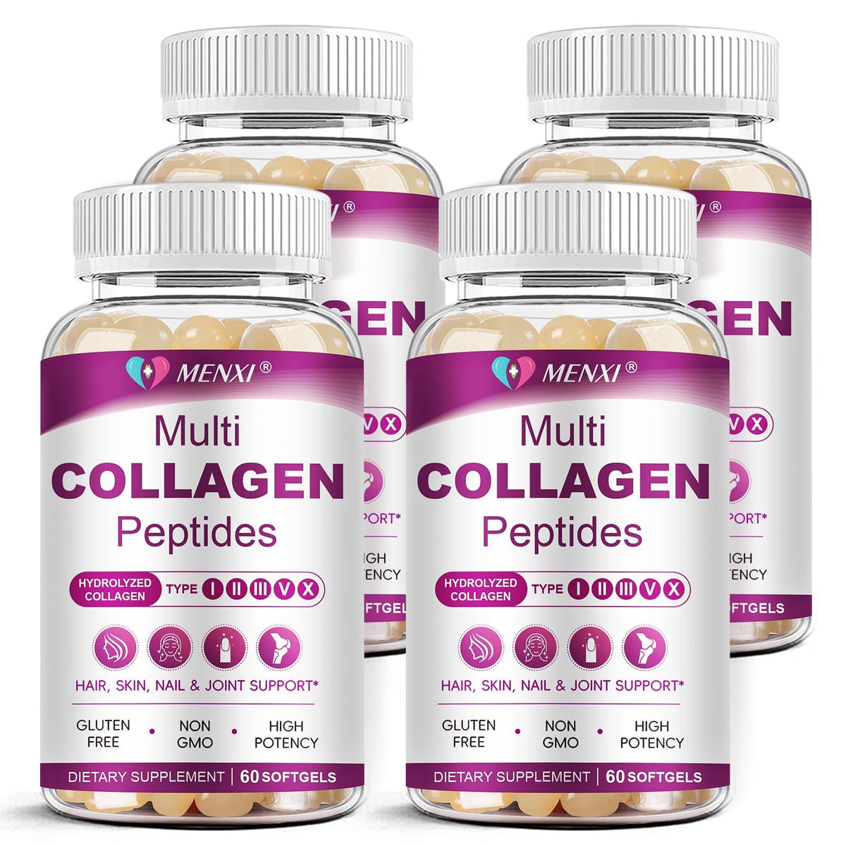 MENXI Multi Collagen Softgel – bouteille visible, soutien potentiel peau cheveux ongles