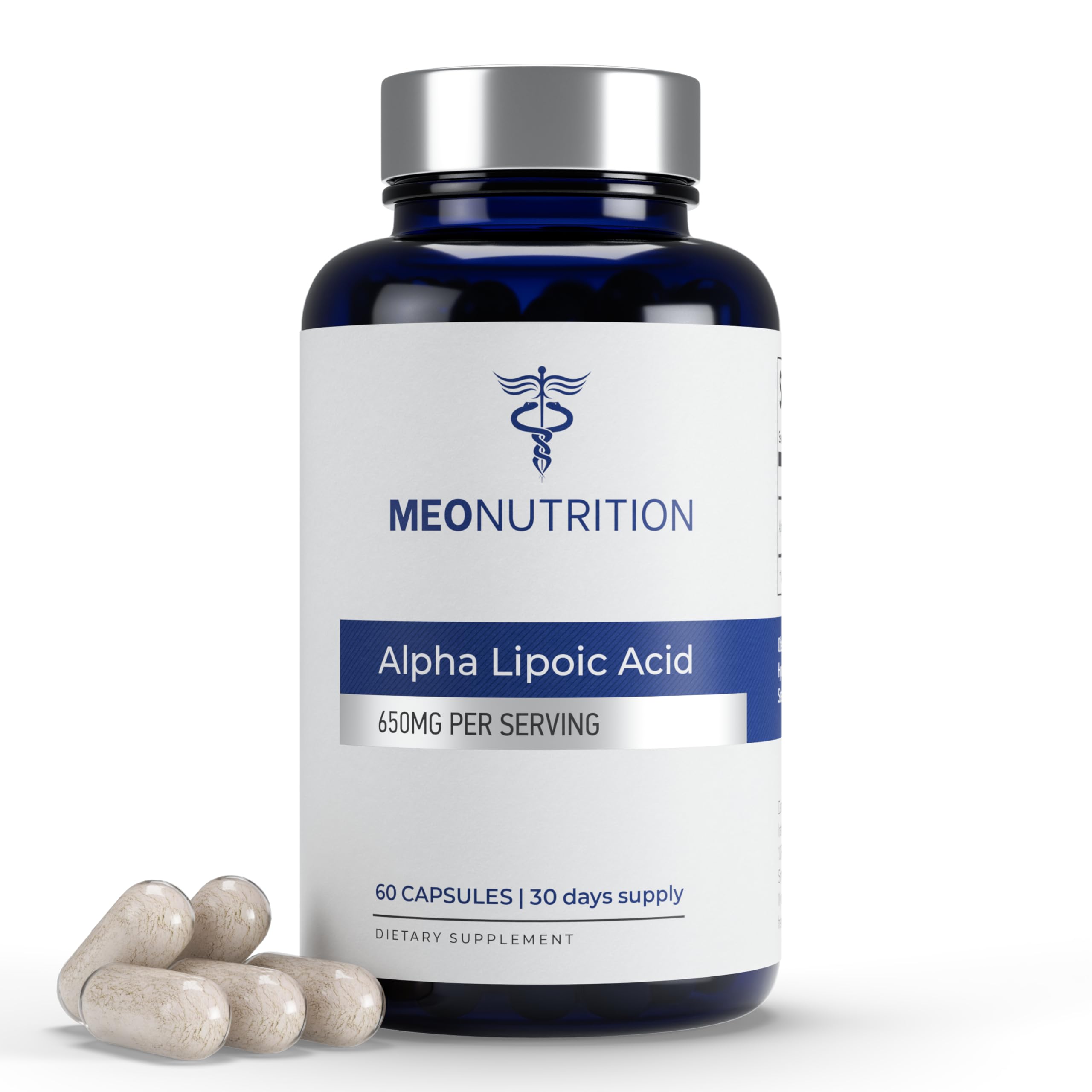 Meo Nutrition Acide alpha-lipoïque 650 mg capsules, boîte prête à soutenir l'antioxydant.