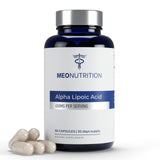 Meo Nutrition Acide alpha-lipoïque 650 mg capsules, boîte prête à soutenir l'antioxydant.