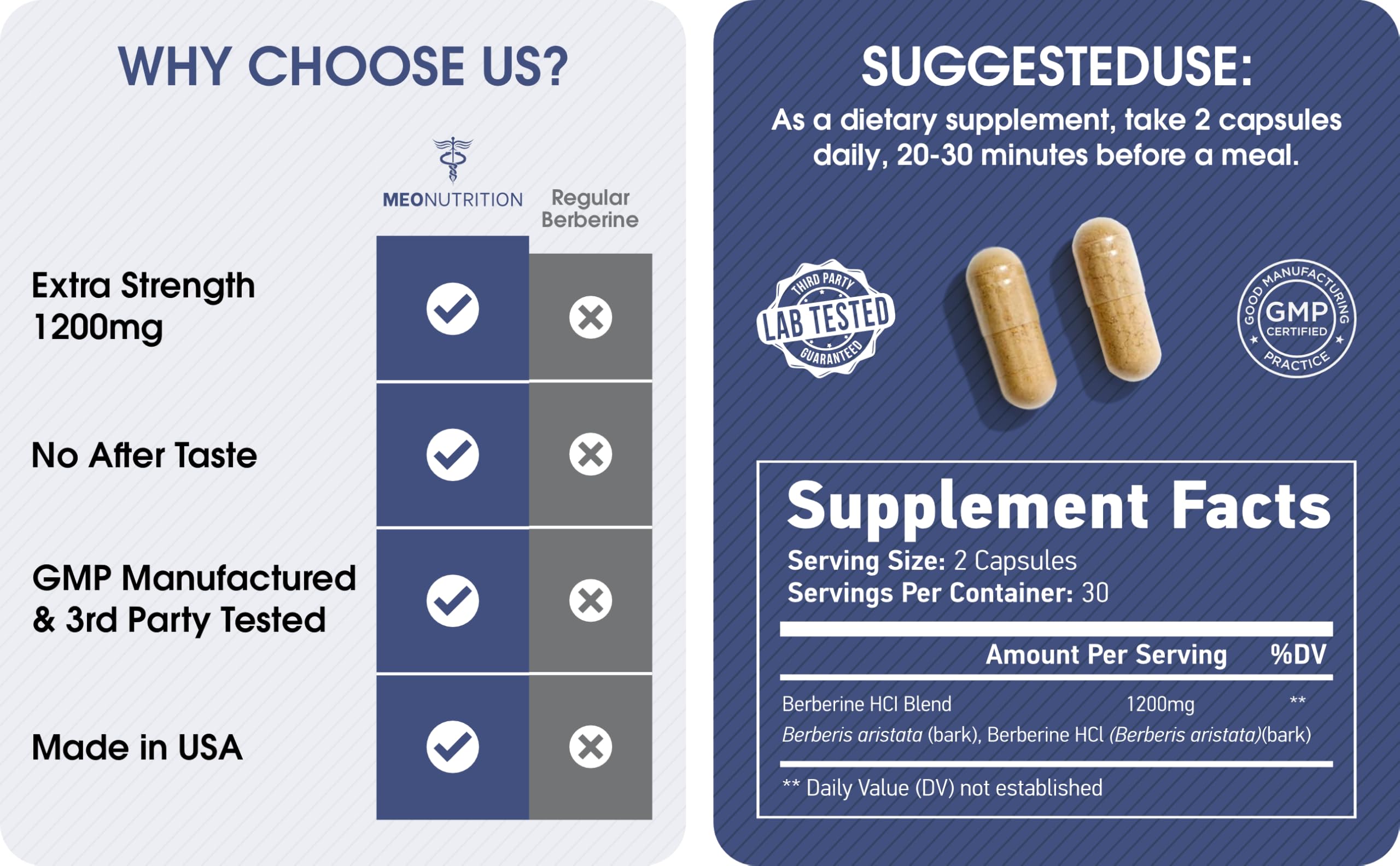 Meo Nutrition Berberine HCI, capsules faciles à avaler pour routine bien-être.