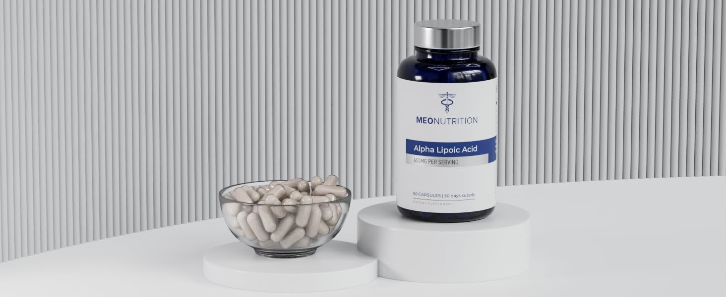 Meo Nutrition Acide alpha-lipoïque 650 mg, capsules pratiques pour une routine quotidienne.