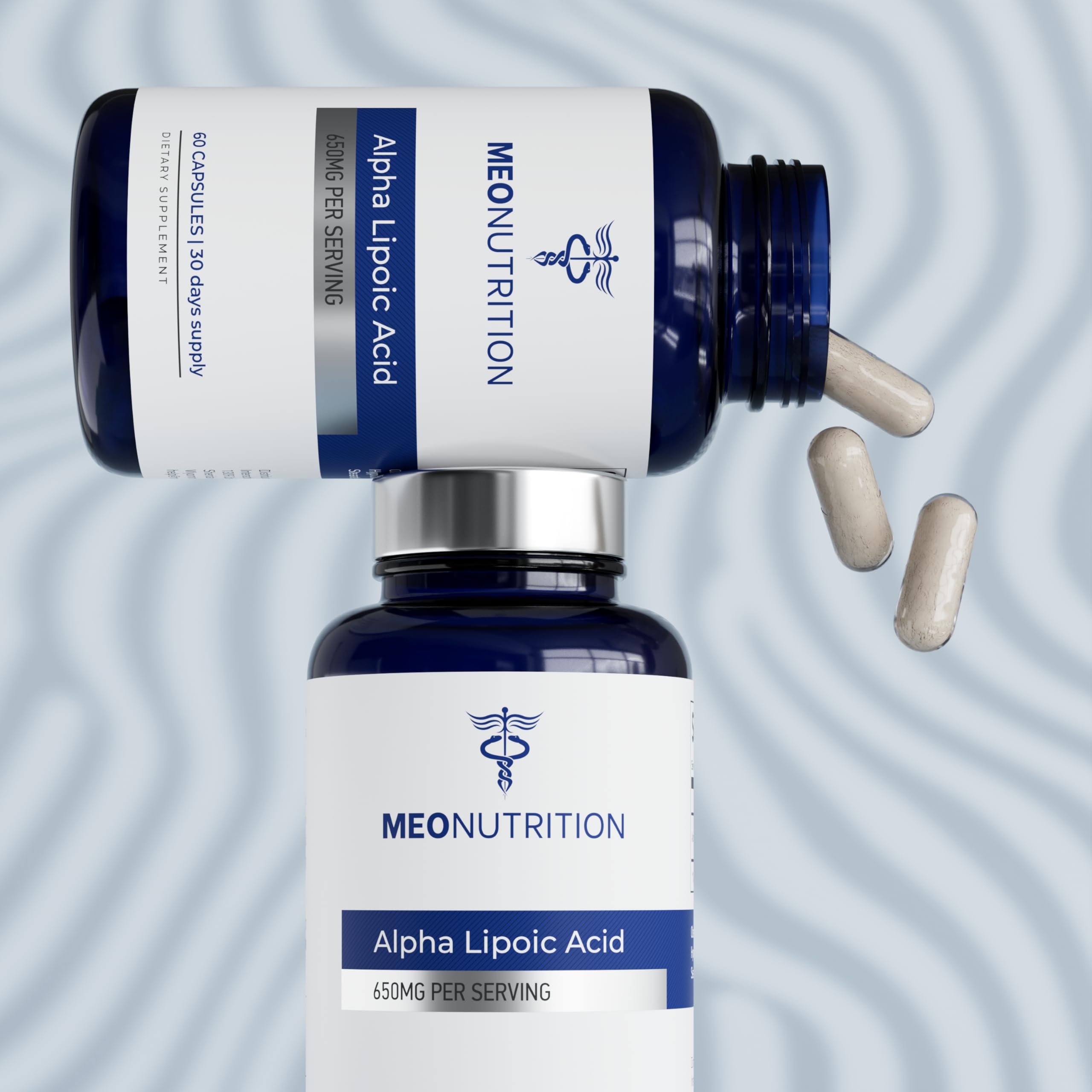Meo Nutrition Acide alpha-lipoïque 650 mg, étiquette sans OGM et sans additifs.