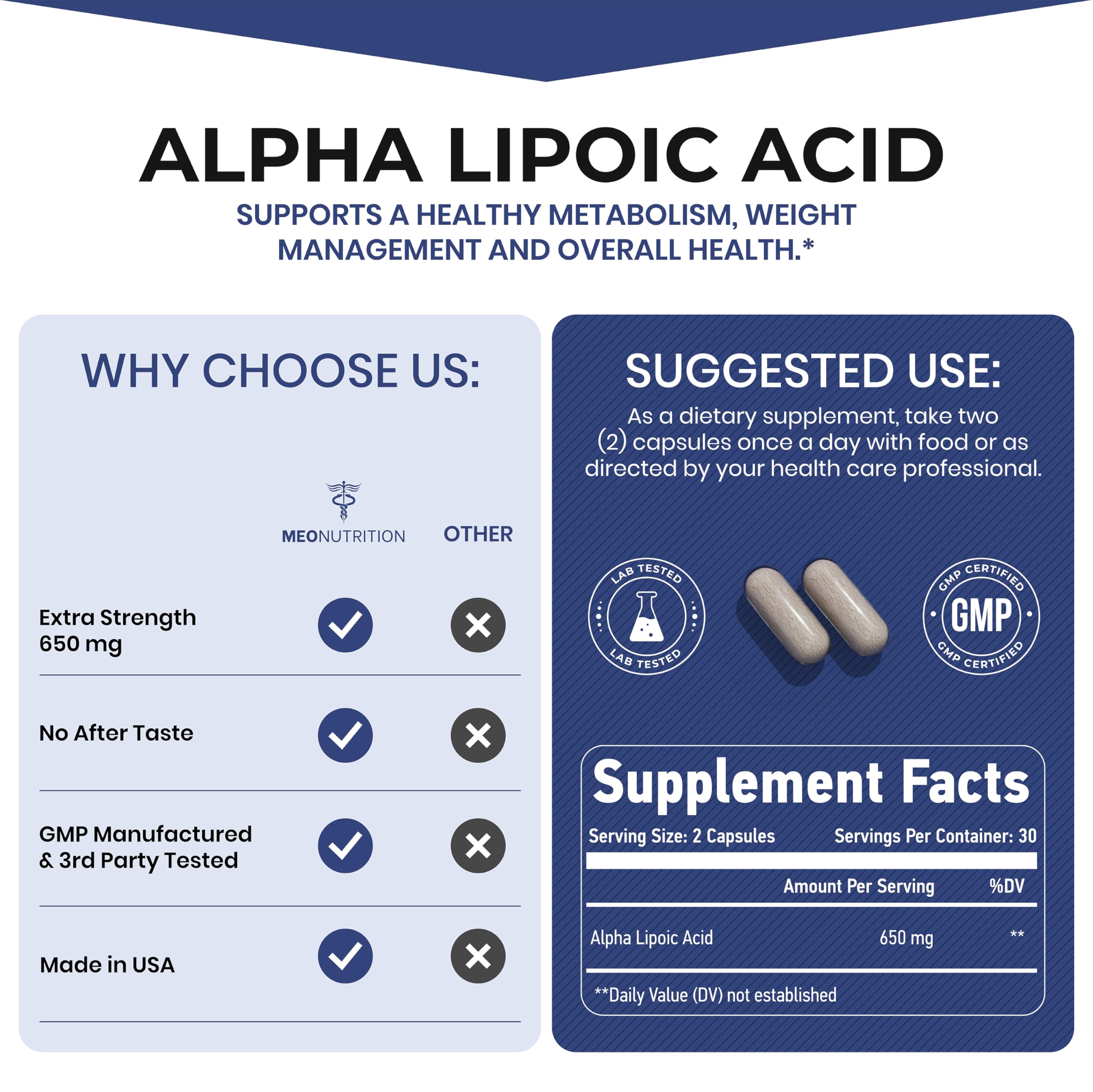 Meo Nutrition Acide alpha-lipoïque 650 mg, étiquette vegan et sans gluten visibles.