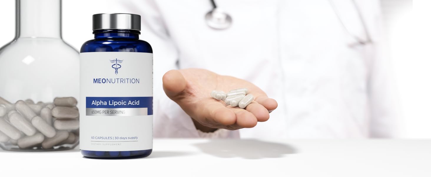 Meo Nutrition Acide alpha-lipoïque 650 mg, produit fabriqué aux États-Unis et conforme GMP.