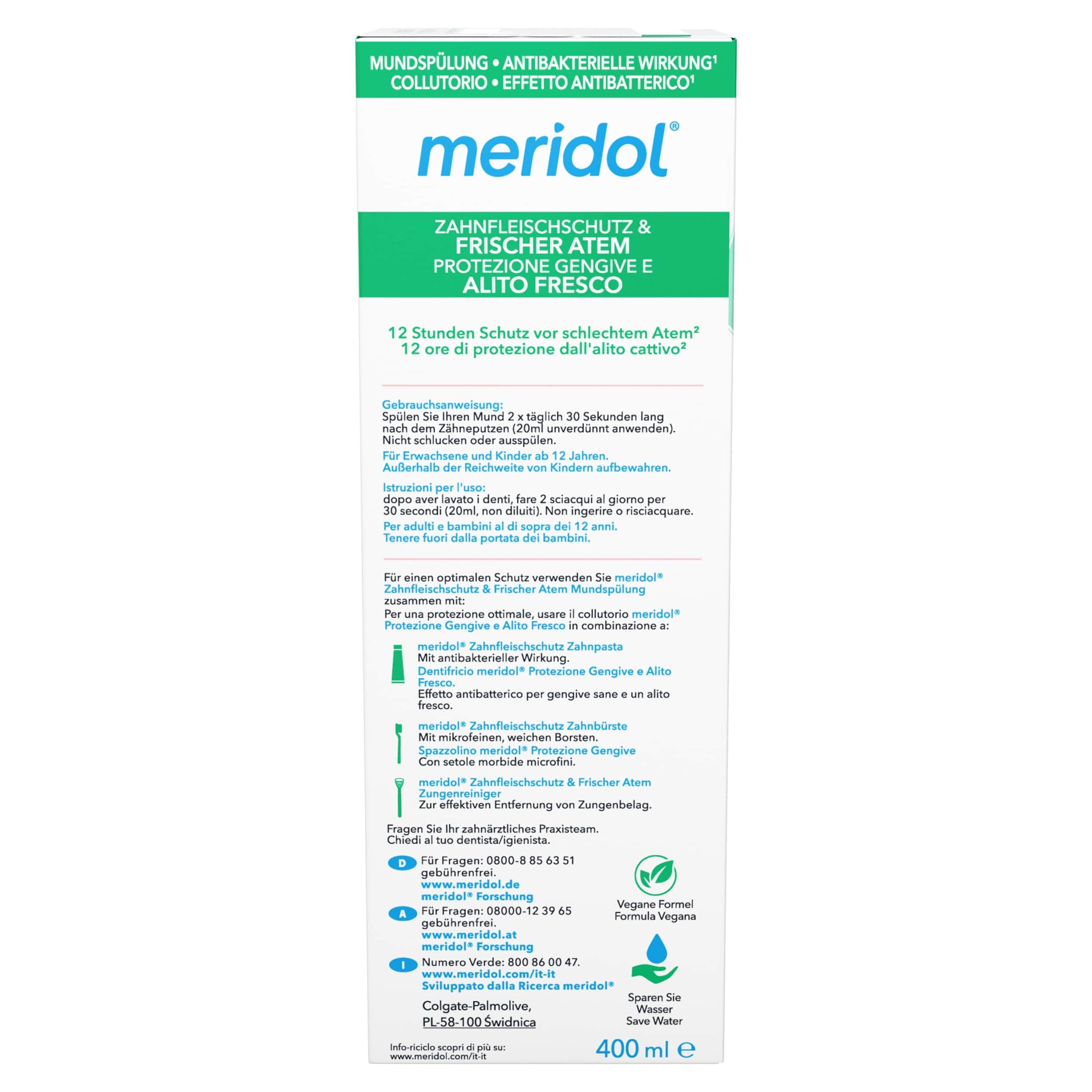 Meridol bain de bouche halitose, flacon arrière et détails du flacon