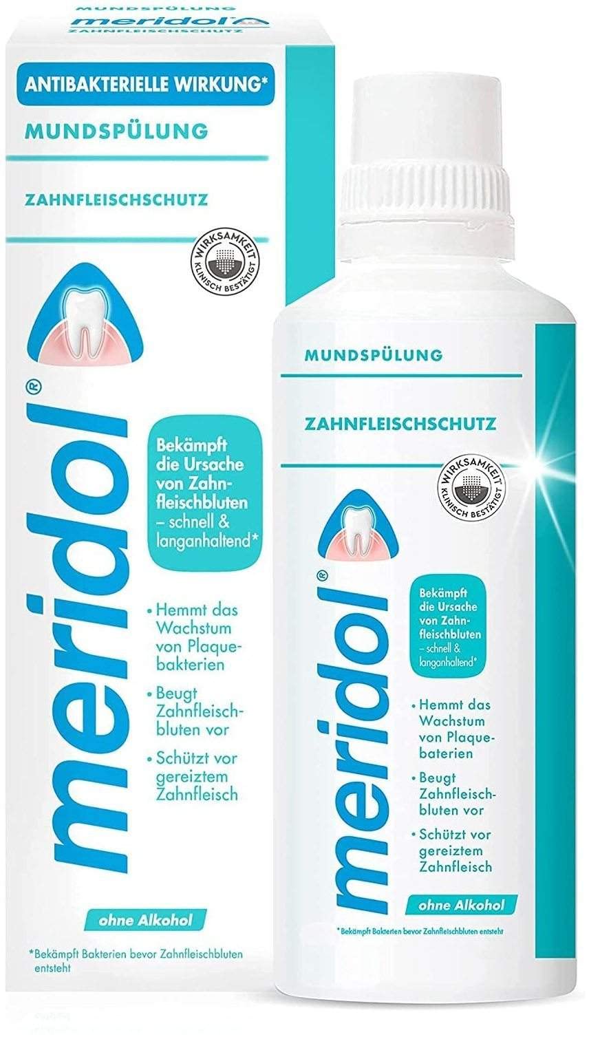 Meridol bouteille 400 ml prête à l'usage quotidien pour une hygiène bucco-dentaire complète.