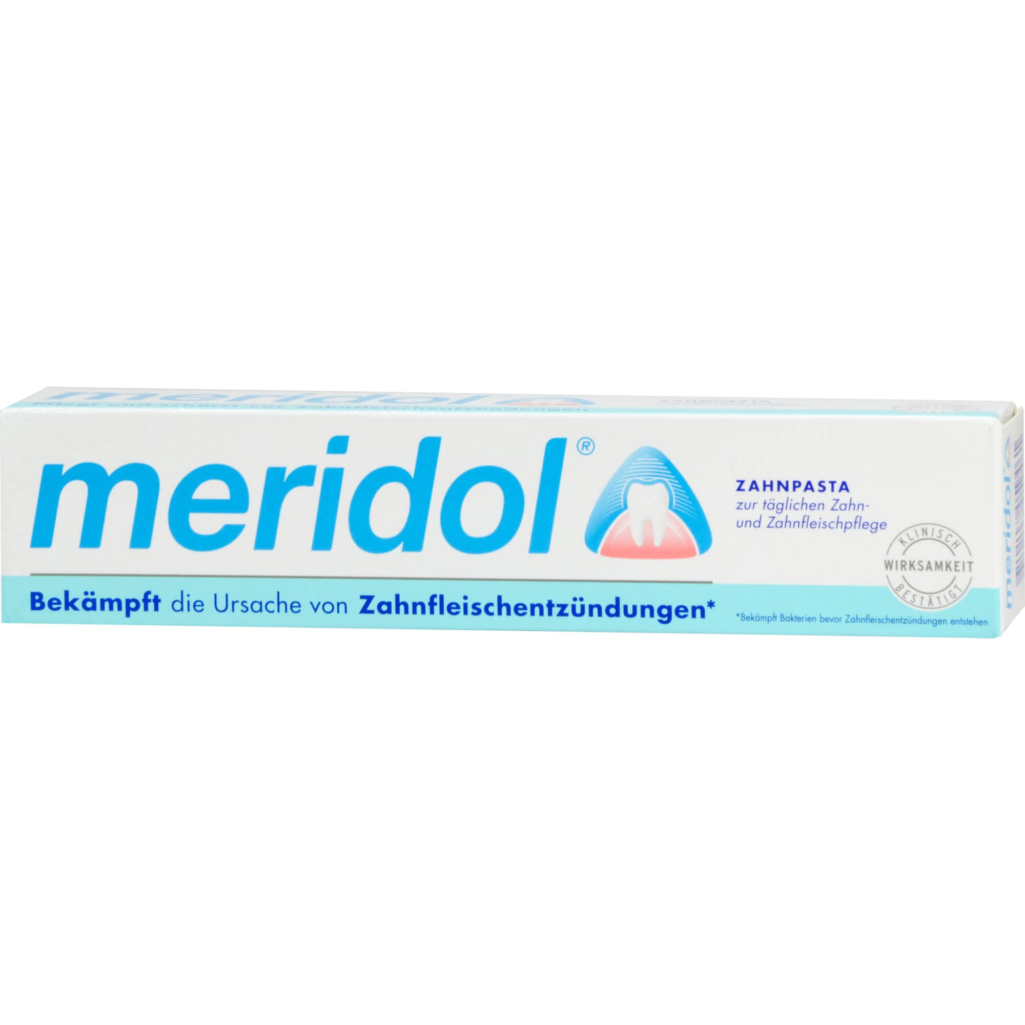 Meridol 75 ml avec emballage authentique, symbole de qualité et de provenance sûre.
