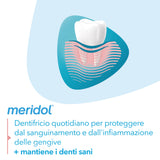 Meridol dentifrice texture crème blanche, brossage doux.