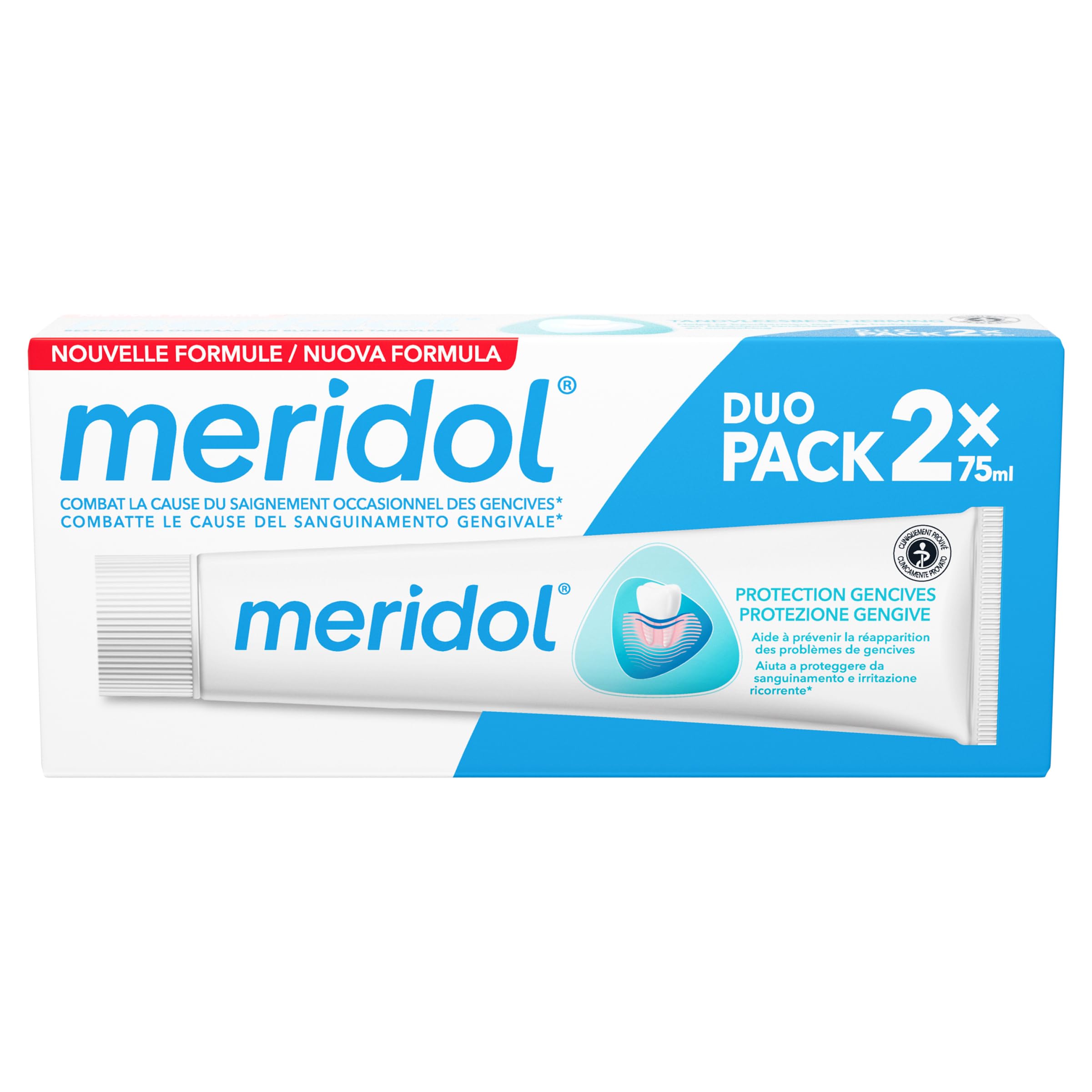 Meridol Pack Double 75ml emballage visible pour routine bucco-dentaire pratique.
