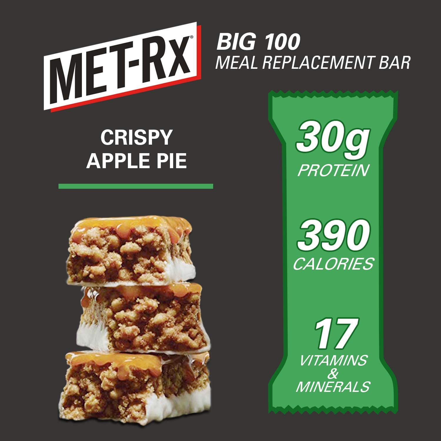 MET-Rx Big 100 barre pomme croustillante, soutien possible après l'entraînement.