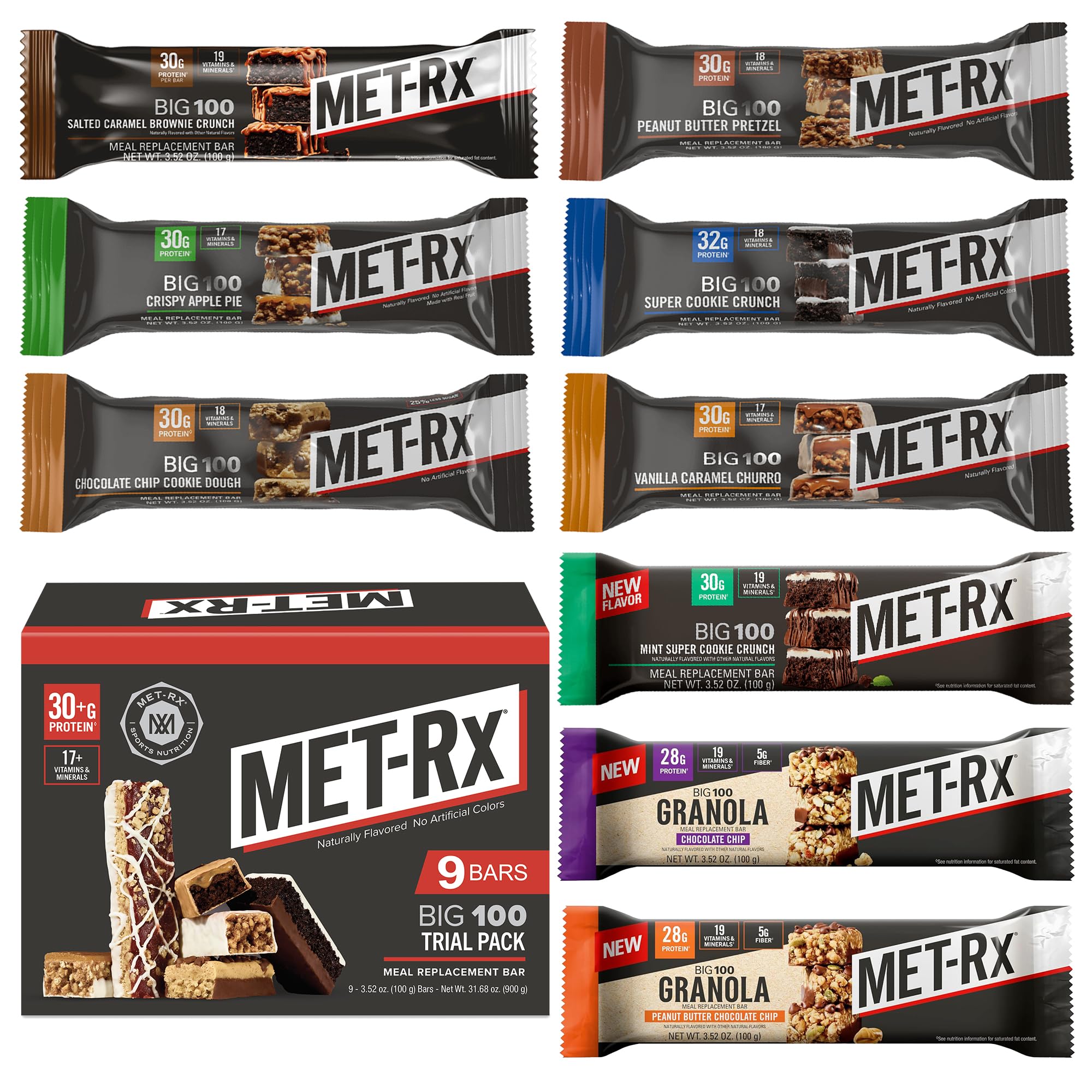 MET-Rx Big 100: barre de remplacement nutritionnel prête pour énergie soutenue pendant l'entraînement.